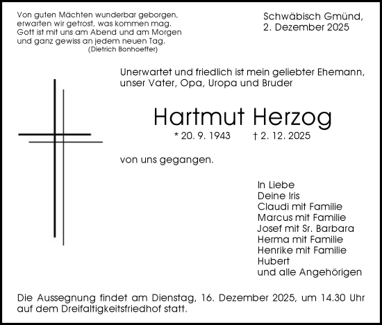 Traueranzeige von Hartmut Herzog von Gmünder Tagespost