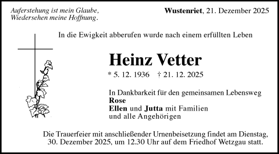 Traueranzeige von Heinz Vetter von Gmünder Tagespost