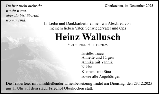 Traueranzeige von Heinz Wallusch von Schwäbische Post