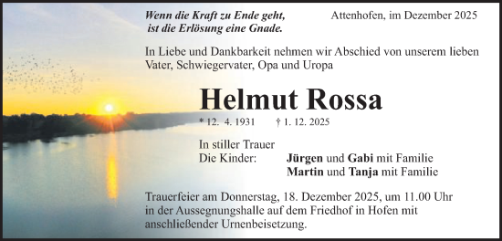 Traueranzeige von Helmut Rossa von Schwäbische Post