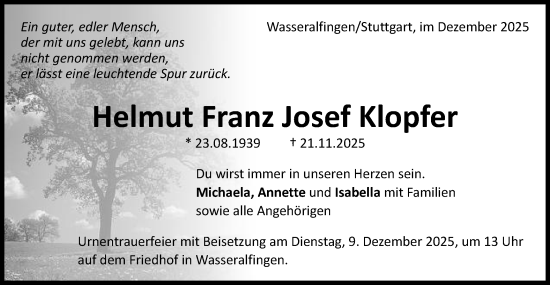 Traueranzeige von Helmut Franz Josef Klopfer von Schwäbische Post