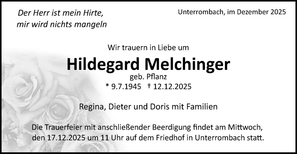  Traueranzeige für Hildegard Melchinger vom 16.12.2025 aus Schwäbische Post