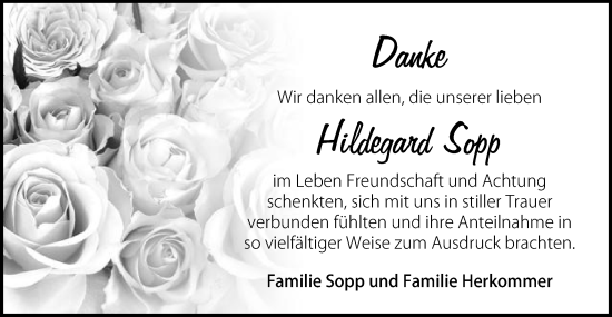 Traueranzeige von Hildegard Sopp von Gmünder Tagespost