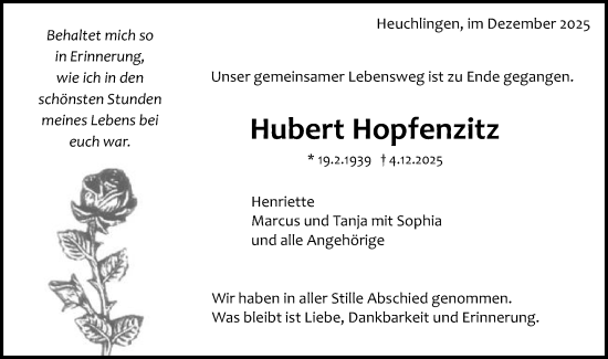 Traueranzeige von Hubert Hopfenzitz von Gmünder Tagespost