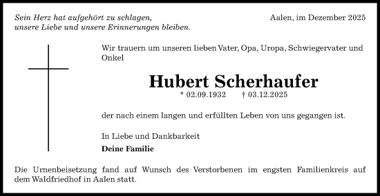 Traueranzeige von Hubert Scherhaufer von Schwäbische Post