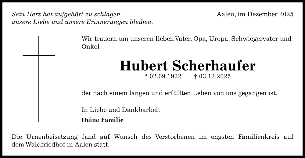  Traueranzeige für Hubert Scherhaufer vom 22.12.2025 aus Schwäbische Post