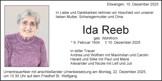 Traueranzeige von Ida Reeb von Schwäbische Post