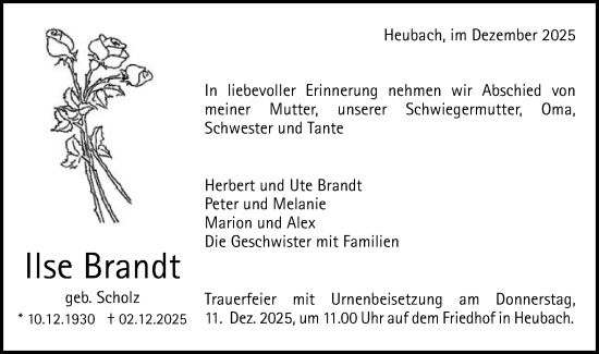 Traueranzeige von Ilse Brandt von Gmünder Tagespost