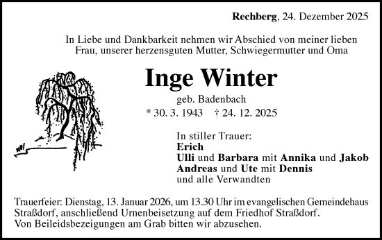 Traueranzeige von Inge Winter von Gmünder Tagespost