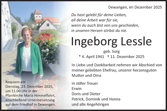 Traueranzeige von Ingeborg Lessle von Schwäbische Post