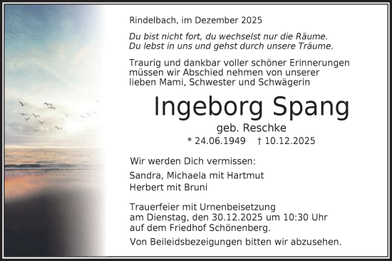Traueranzeige von Ingeborg Spang von Schwäbische Post