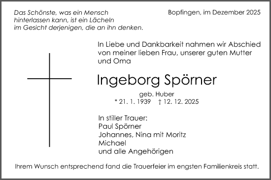 Traueranzeige von Ingeborg Spörner von Schwäbische Post