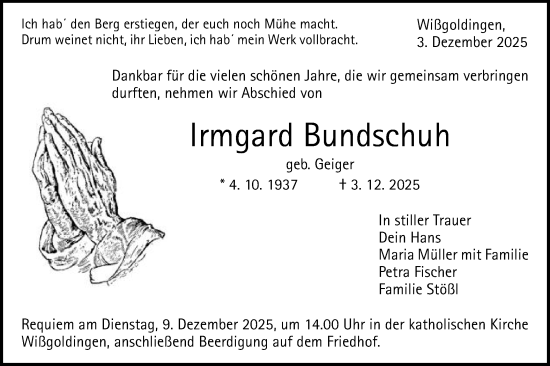 Traueranzeige von Irmgard Bundschuh von Gmünder Tagespost