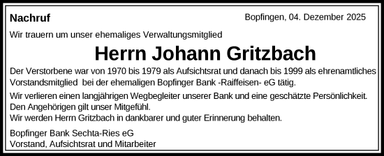 Traueranzeige von Johann Gritzbach von Schwäbische Post