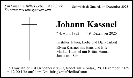 Traueranzeige von Johann Kassnel von Gmünder Tagespost