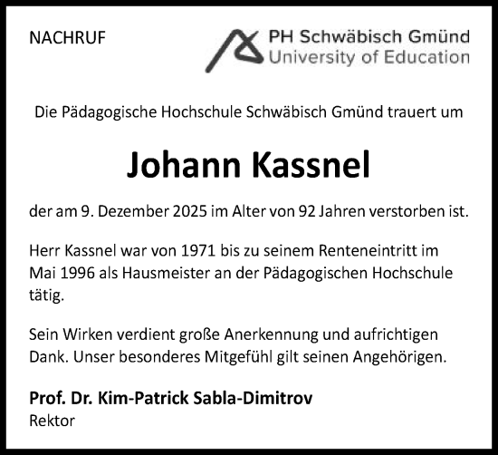 Traueranzeige von Johann Kassnel von Gmünder Tagespost