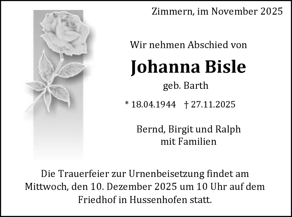  Traueranzeige für Johanna Bisle vom 06.12.2025 aus Gmünder Tagespost
