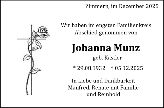 Traueranzeige von Johanna Munz von Gmünder Tagespost