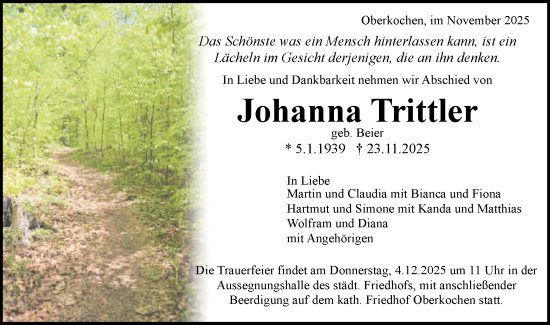 Traueranzeige von Johanna Trittler von Schwäbische Post