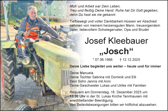 Traueranzeige von Josef Kleebauer von Schwäbische Post