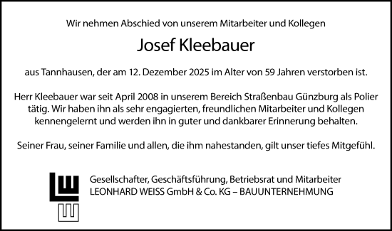 Traueranzeige von Josef Kleebauer von Schwäbische Post