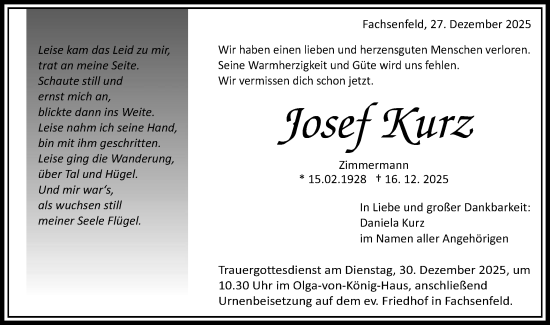 Traueranzeige von Josef Kurz von Schwäbische Post