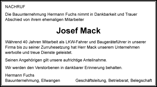 Traueranzeige von Josef Mack von Schwäbische Post