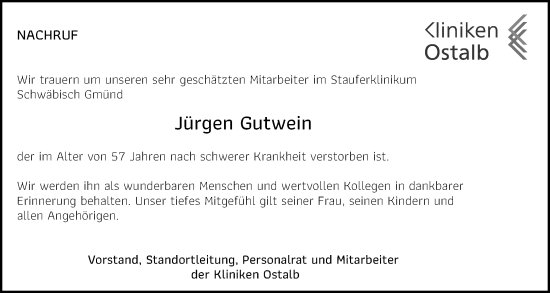 Traueranzeige von Jürgen Gutwein von Gmünder Tagespost