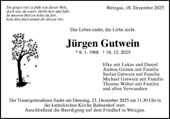 Traueranzeige von Jürgen Gutwein von Gmünder Tagespost