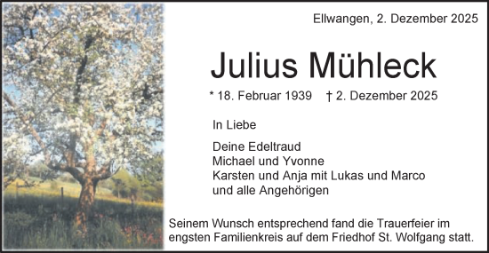 Traueranzeige von Julius Mühleck von Schwäbische Post