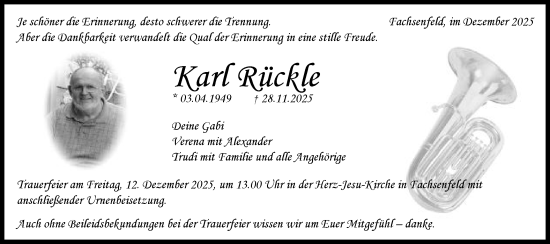 Traueranzeige von Karl Rückle von Schwäbische Post