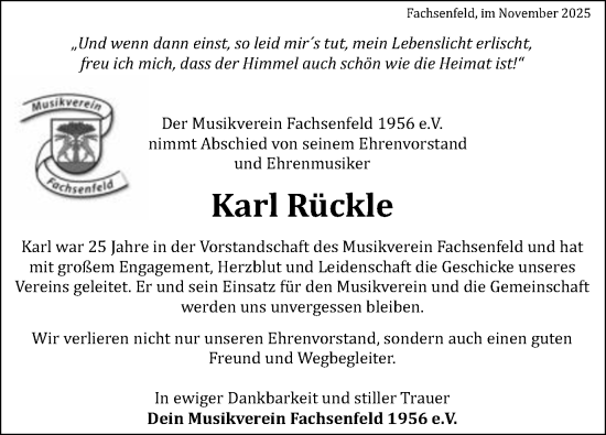 Traueranzeige von Karl Rückle von Schwäbische Post