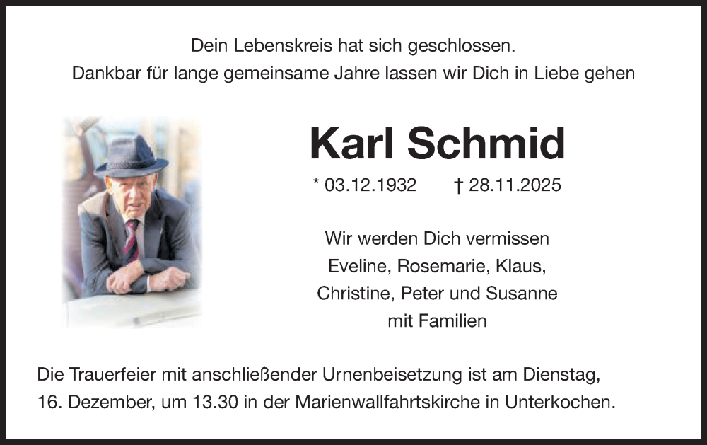  Traueranzeige für Karl Schmid vom 11.12.2025 aus Schwäbische Post