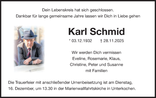 Traueranzeige von Karl Schmid von Schwäbische Post