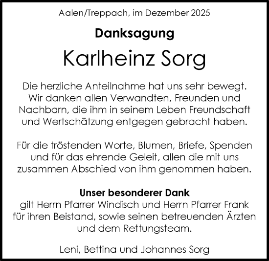 Traueranzeige von Karlheinz Sorg von Schwäbische Post