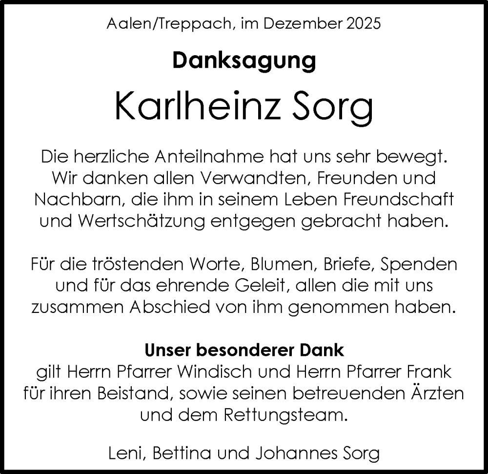  Traueranzeige für Karlheinz Sorg vom 20.12.2025 aus Schwäbische Post