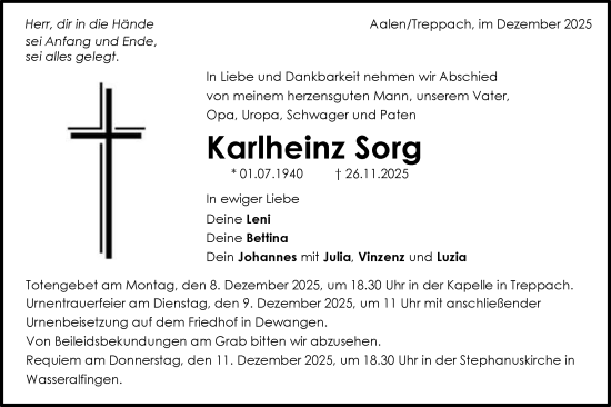 Traueranzeige von Karlheinz Sorg von Schwäbische Post