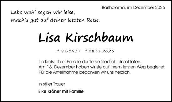 Traueranzeige von Lisa Kirschbaum von Gmünder Tagespost