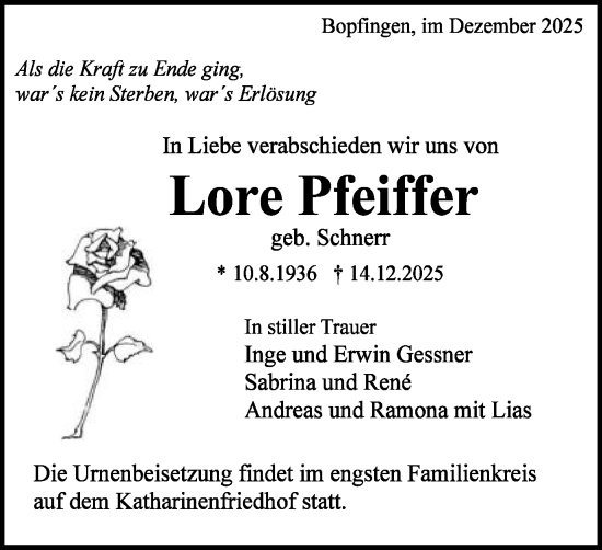 Traueranzeige von Lore Pfeiffer von Schwäbische Post