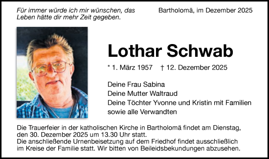 Traueranzeige von Lothar Schwab von Schwäbische Post
