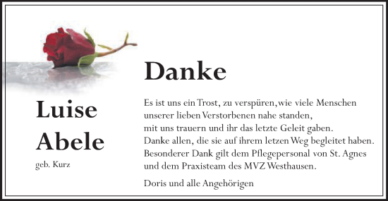 Traueranzeige von Luise Abele von Schwäbische Post