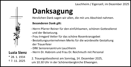 Traueranzeige von Luzia Sienz von Schwäbische Post