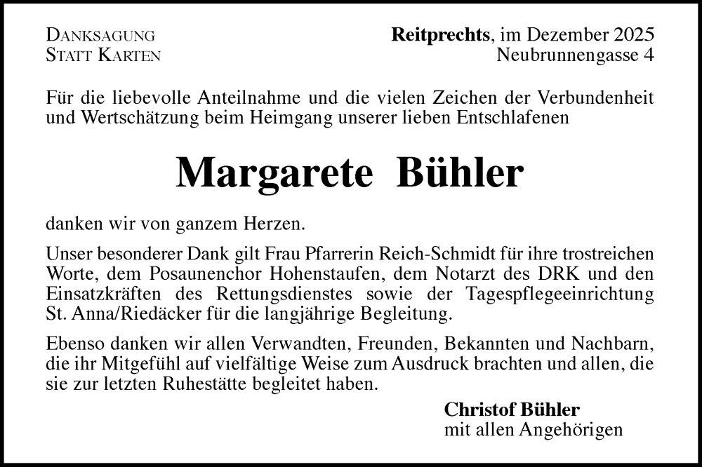  Traueranzeige für Margarete Bühler vom 31.12.2025 aus Gmünder Tagespost