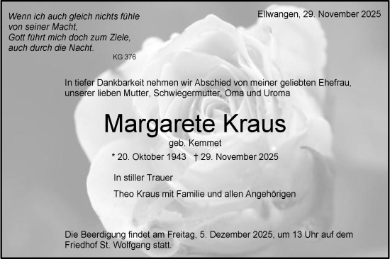 Traueranzeige von Margarete Kraus von Schwäbische Post