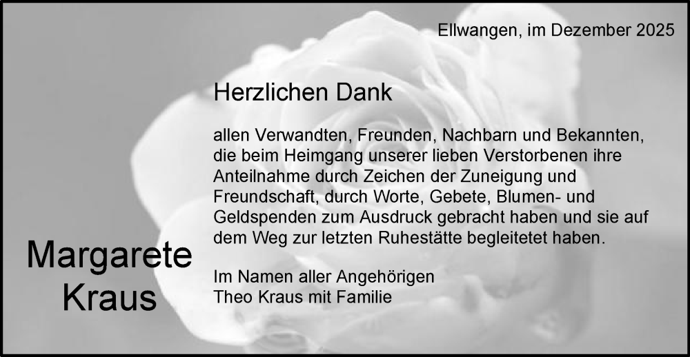  Traueranzeige für Margarete Kraus vom 20.12.2025 aus Schwäbische Post