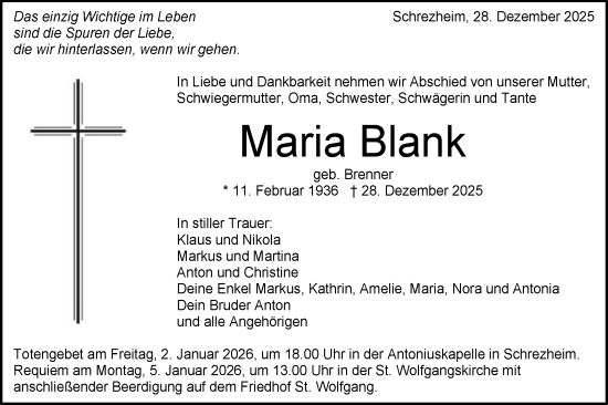 Traueranzeige von Maria Blank von Schwäbische Post