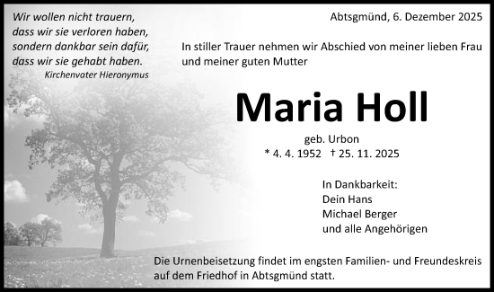 Traueranzeige von Maria Holl von Schwäbische Post