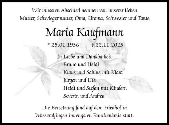 Traueranzeige von Maria Kaufmann von Schwäbische Post