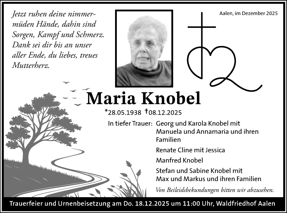  Traueranzeige für Maria Knobel vom 15.12.2025 aus Schwäbische Post