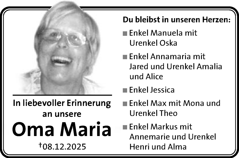  Traueranzeige für Maria Knobel vom 15.12.2025 aus Schwäbische Post